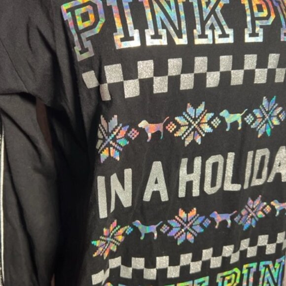 Victoria Secret Pink Womens Black Silver Long Sleeve Holiday Shirts Size Small - Picture 2 of 5